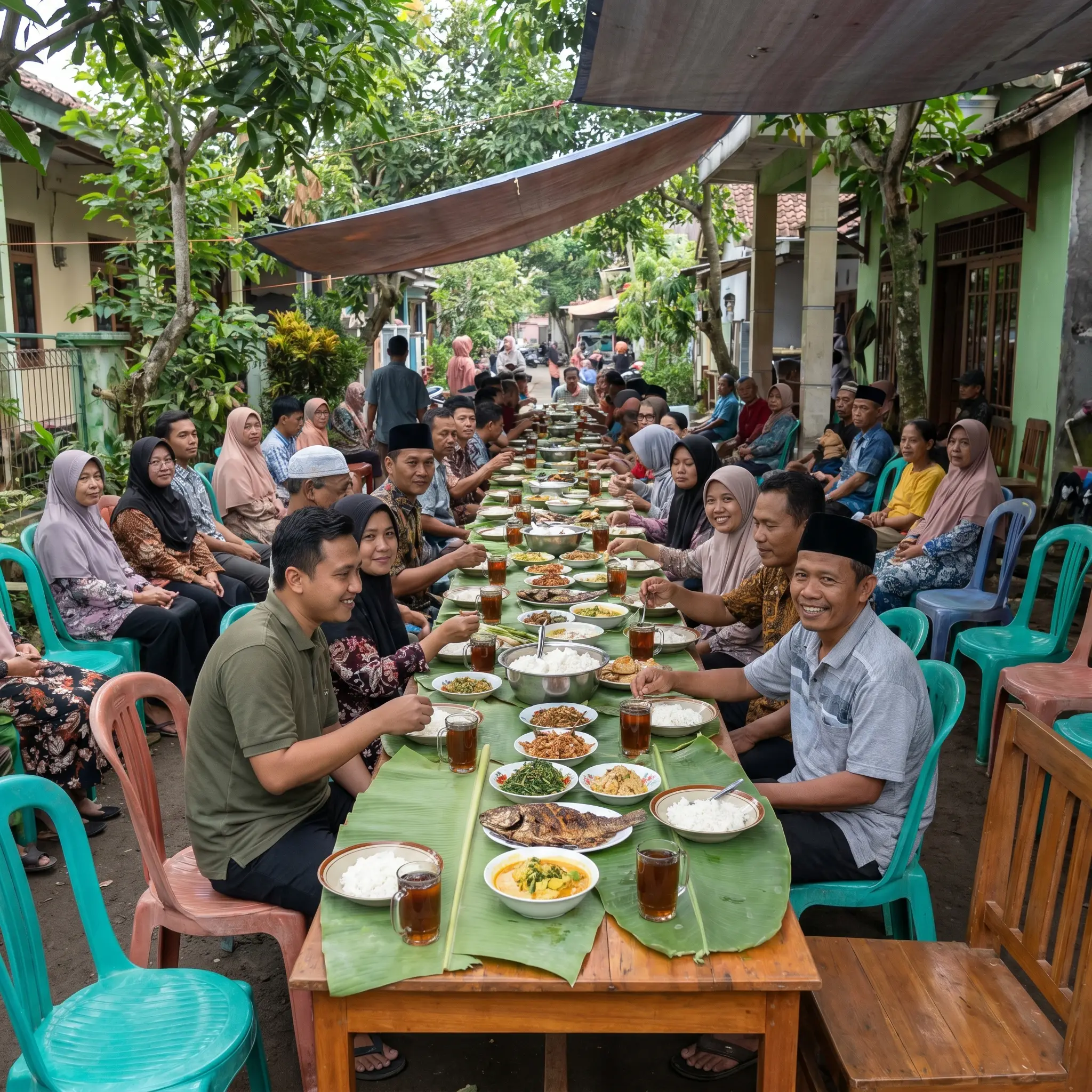 Meja makan komunitas siang hari dengan hidangan sederhana, kursi beragam, dan suasana warga yang ramah